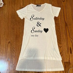 Woman Mini T Shirt Tunic Dress Size M white with black Print Short Sleeve